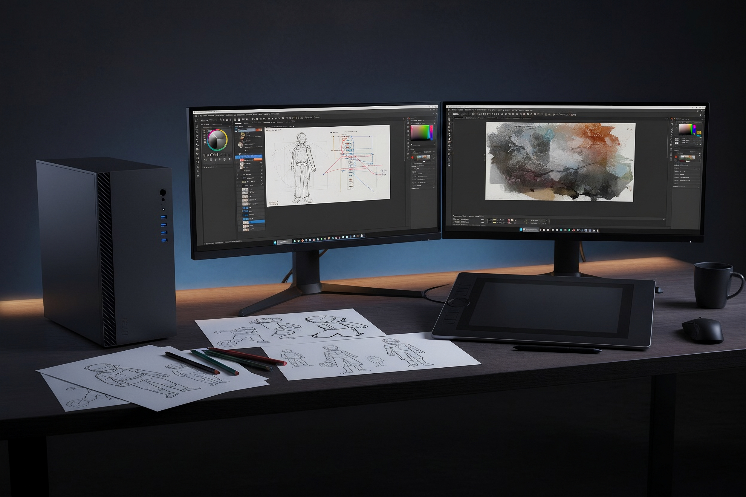FYARE Nova Pro PC an professionellem Kreativ-Arbeitsplatz mit Dual-Monitor und Grafiktablett für Illustrationen