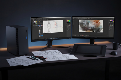 FYARE Nova Pro PC an professionellem Kreativ-Arbeitsplatz mit Dual-Monitor und Grafiktablett für Illustrationen