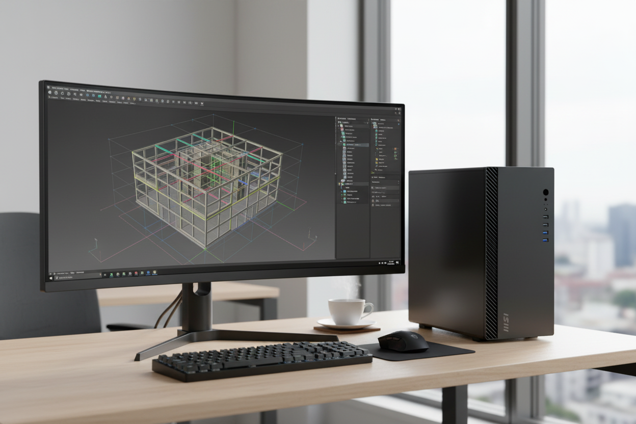 FYARE Nova Pro Workstation PC auf modernem Büroschreibtisch mit CAD-Monitor – Intel Core Ultra 5, RTX 5060